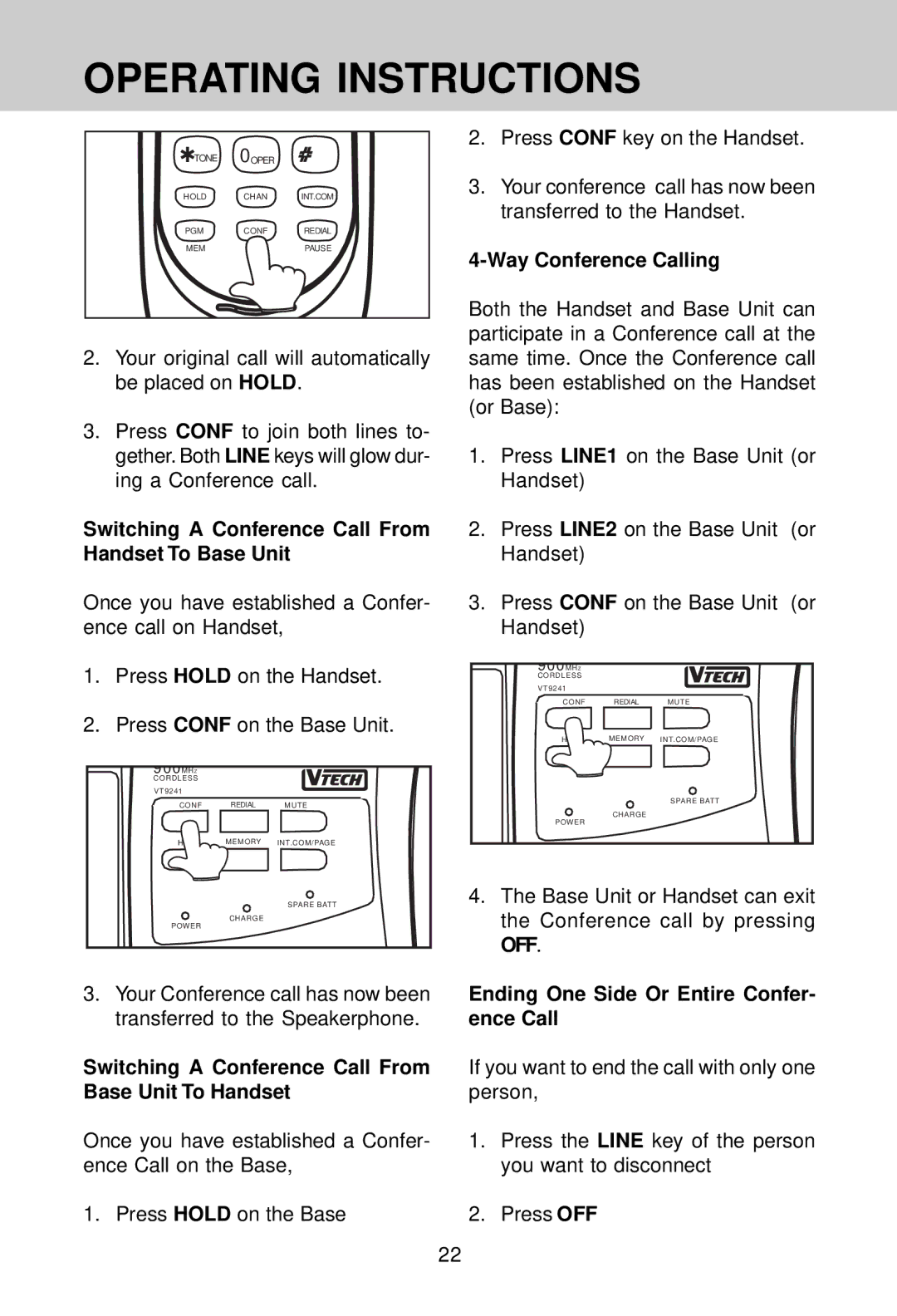 VTech VT 9241 Switching a Conference Call From Handset To Base Unit, Switching a Conference Call From Base Unit To Handset 