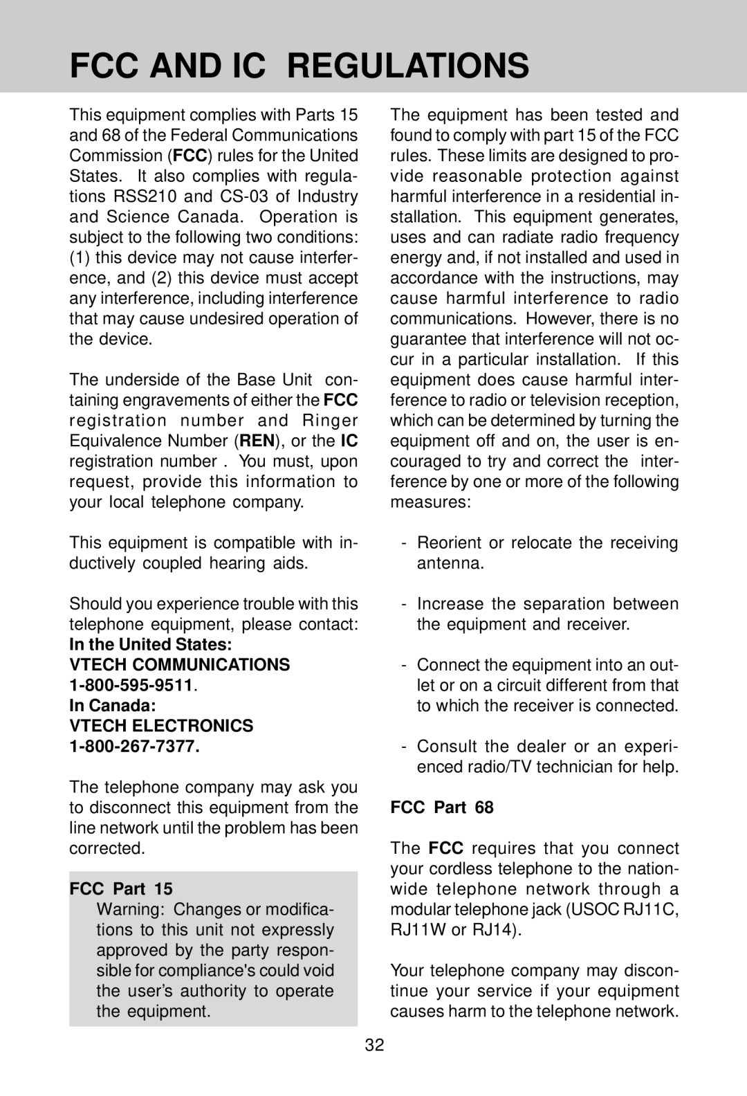 VTech VT 9241 manual FCC and IC Regulations, United States, Canada Vtech Electronics, FCC Part 