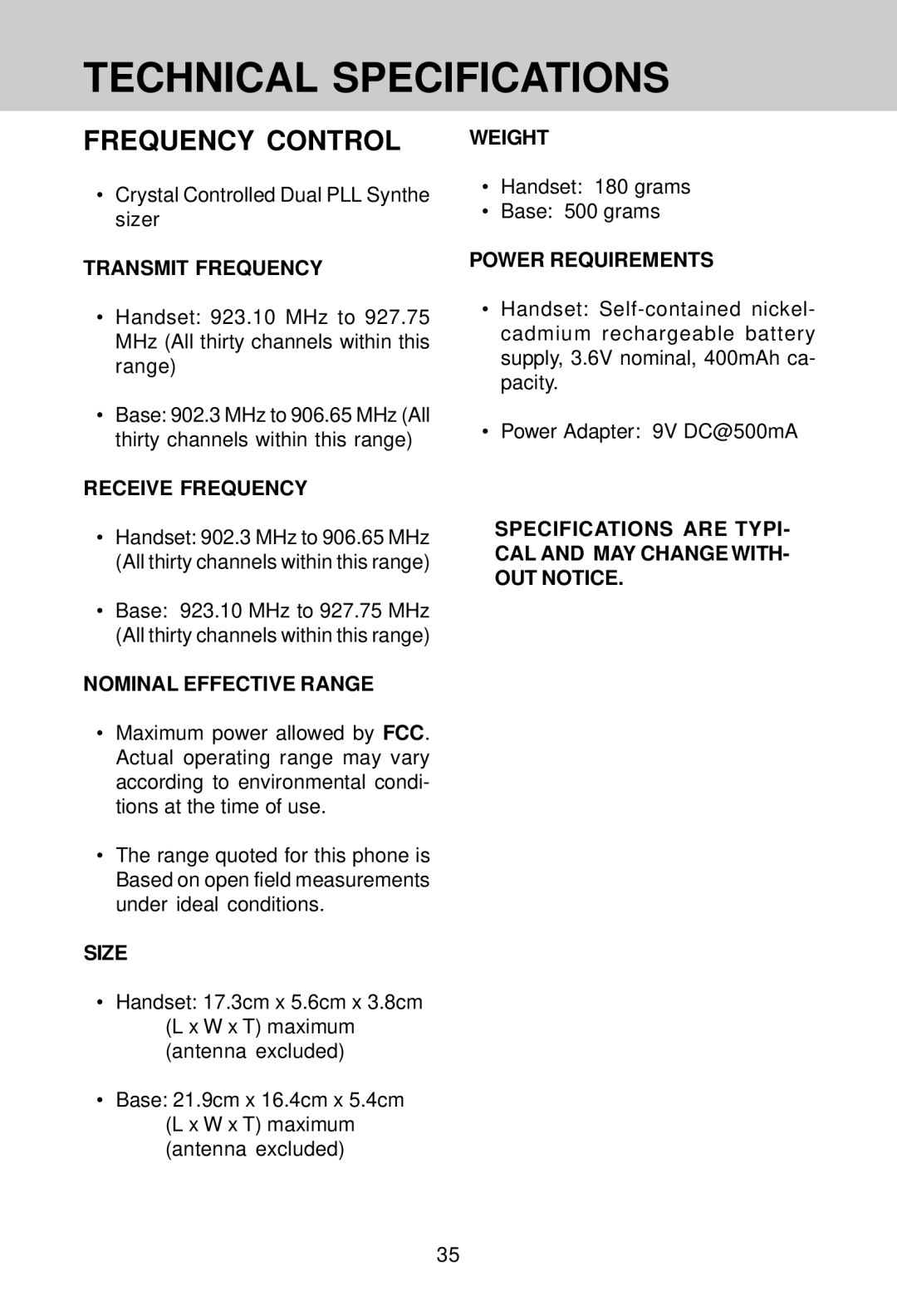 VTech VT 9241 manual Technical Specifications, Transmit Frequency Weight, Power Requirements, Receive Frequency, Size 