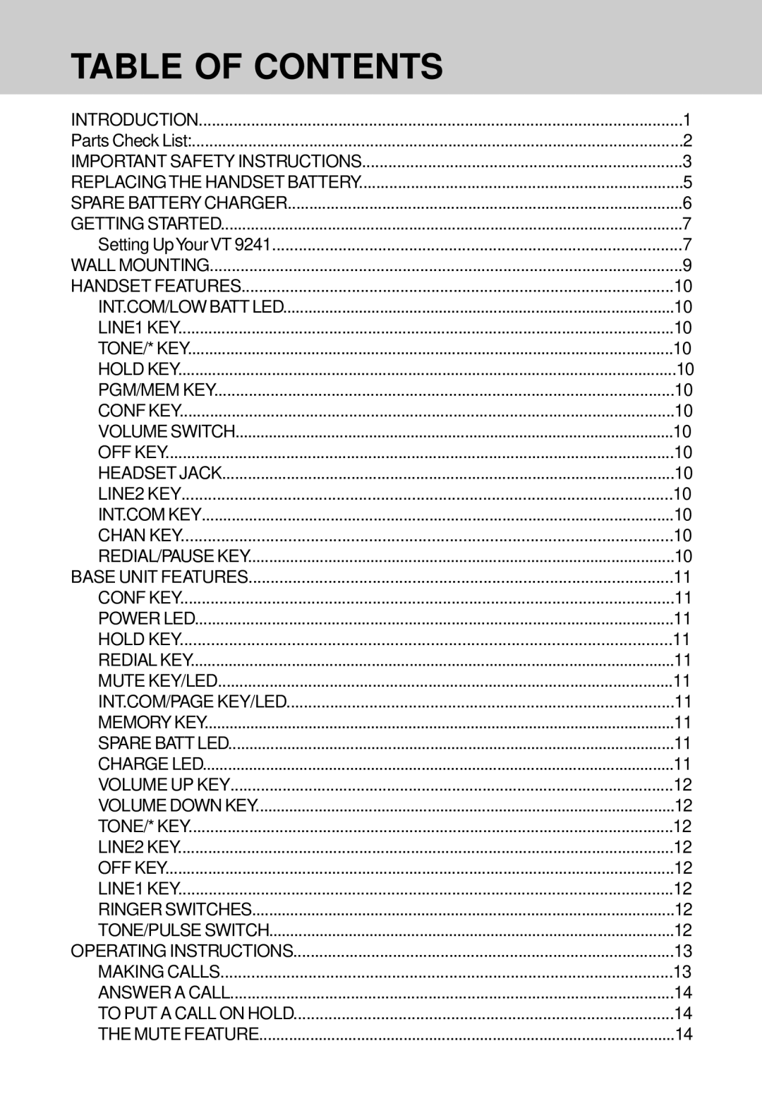 VTech VT 9241 manual Table of Contents 