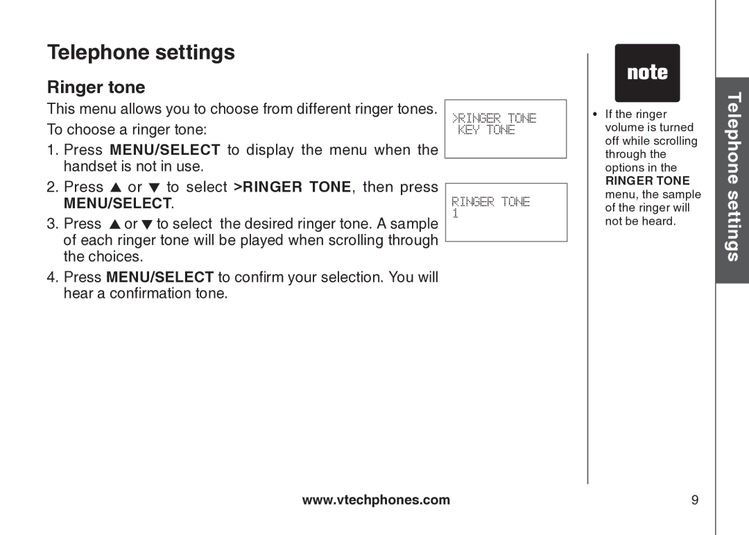 VTech VT-DS6121 user manual Ringer tone 