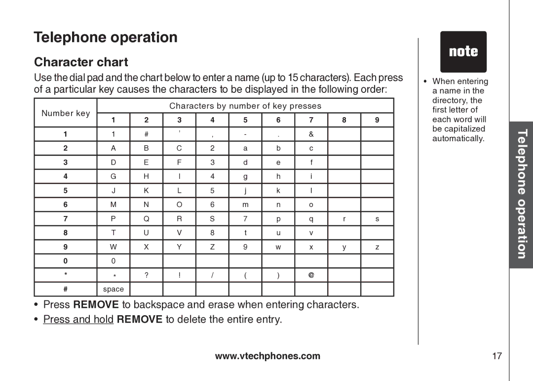 VTech VT-DS6121 user manual Character chart 