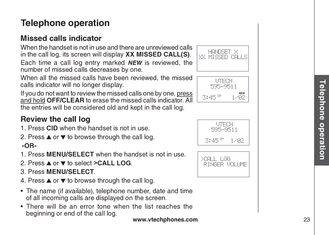 VTech VT-DS6121 user manual Missed calls indicator, Review the call log 