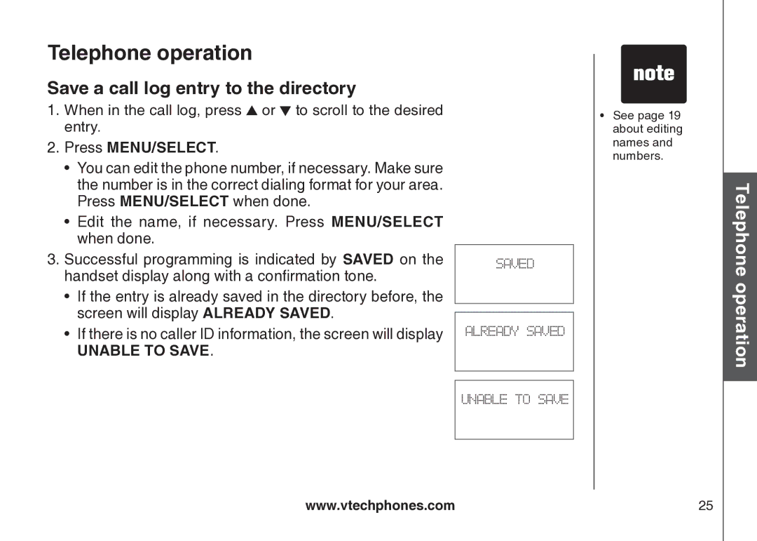 VTech VT-DS6121 user manual Save a call log entry to the directory 