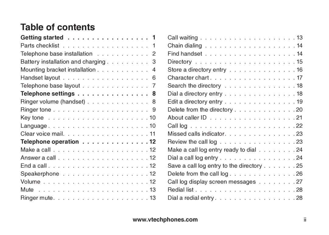 VTech VT-DS6121 user manual Table of contents 