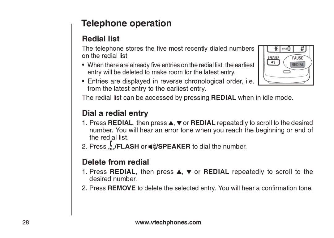 VTech VT-DS6121 user manual Redial list, Dial a redial entry, Delete from redial 