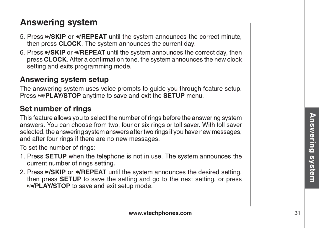 VTech VT-DS6121 user manual Answering system setup, Set number of rings 