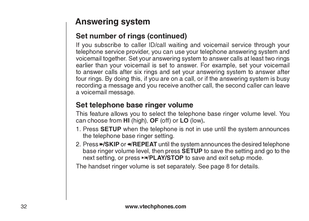 VTech VT-DS6121 user manual Set telephone base ringer volume 