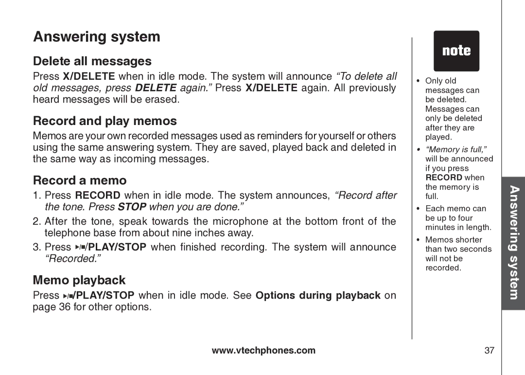 VTech VT-DS6121 user manual Delete all messages, Record and play memos, Record a memo, Memo playback 