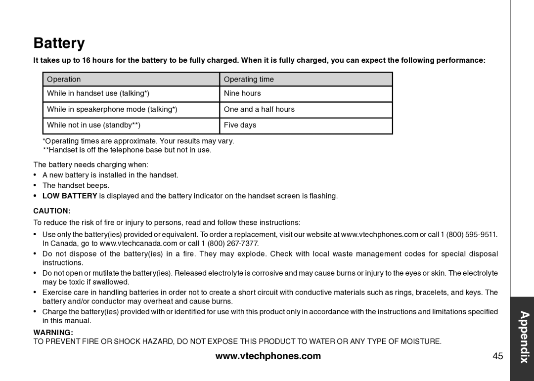 VTech VT-DS6121 user manual Battery 