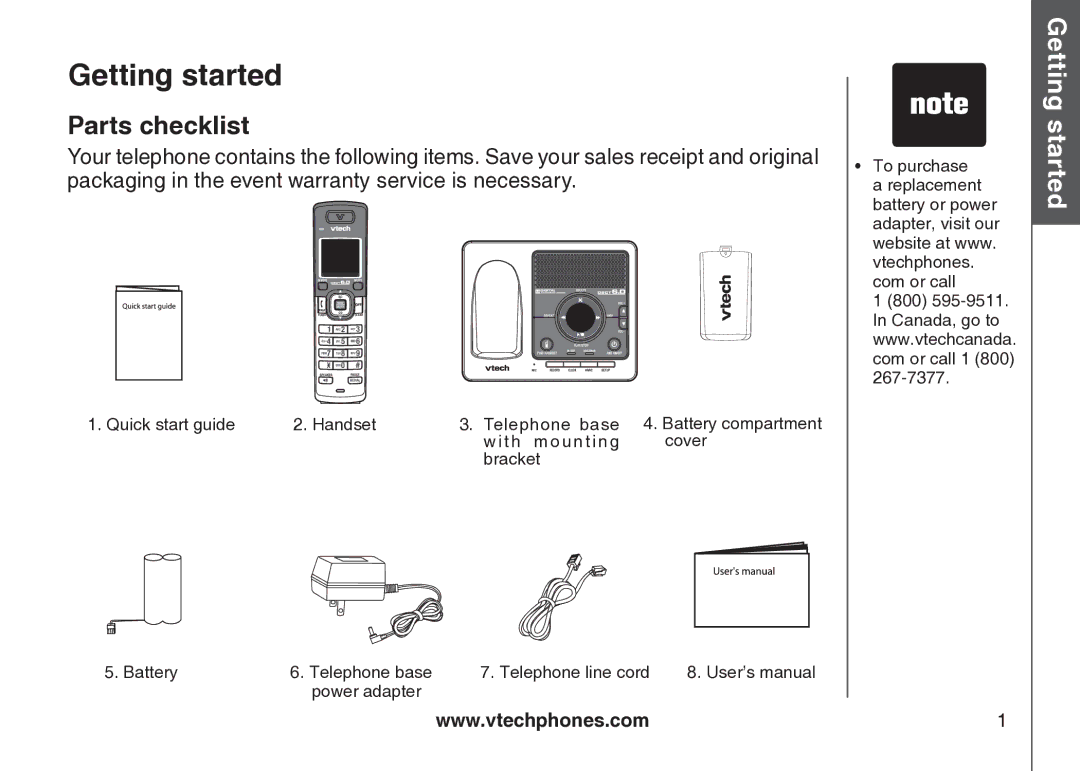 VTech VT-DS6121 user manual Getting started, Parts checklist 