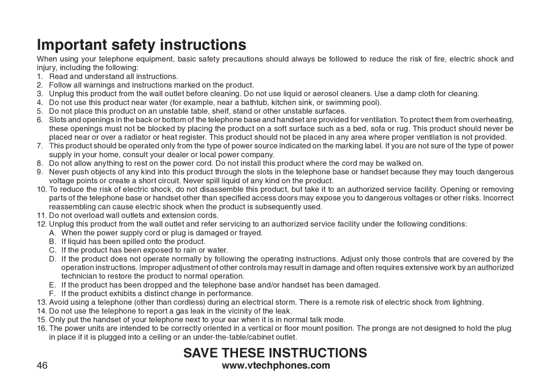 VTech VT-DS6121 user manual Important safety instructions 