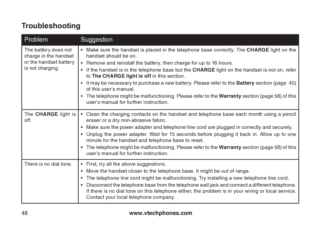 VTech VT-DS6121 user manual To The charge light is off in this section 