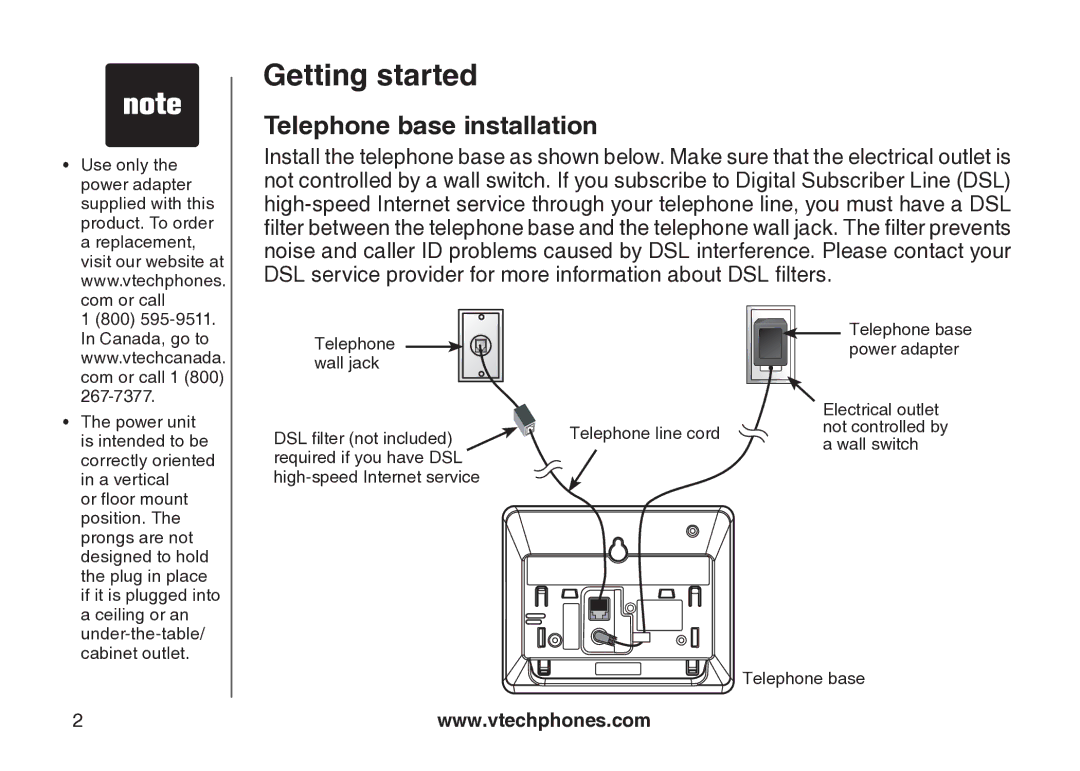 VTech VT-DS6121 user manual Telephone base installation 