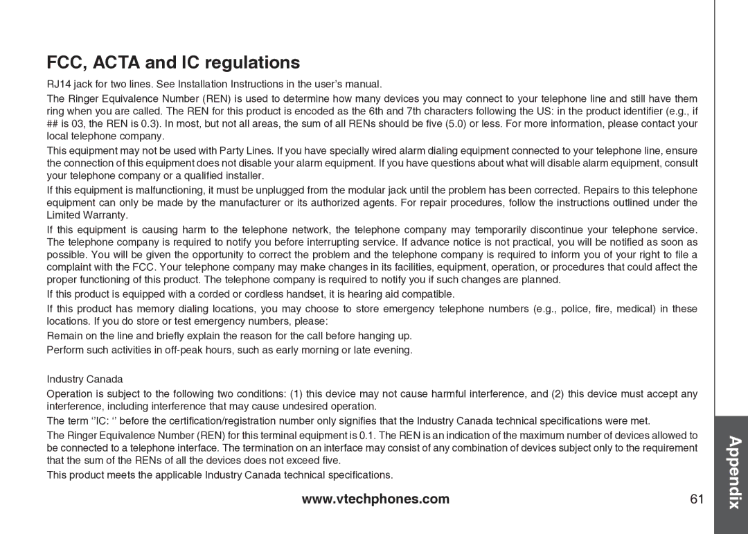 VTech VT-DS6121 user manual FCC, Acta and IC regulations 