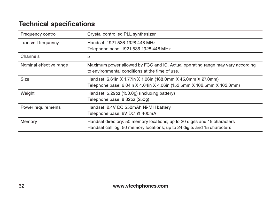 VTech VT-DS6121 user manual Technical specifications 