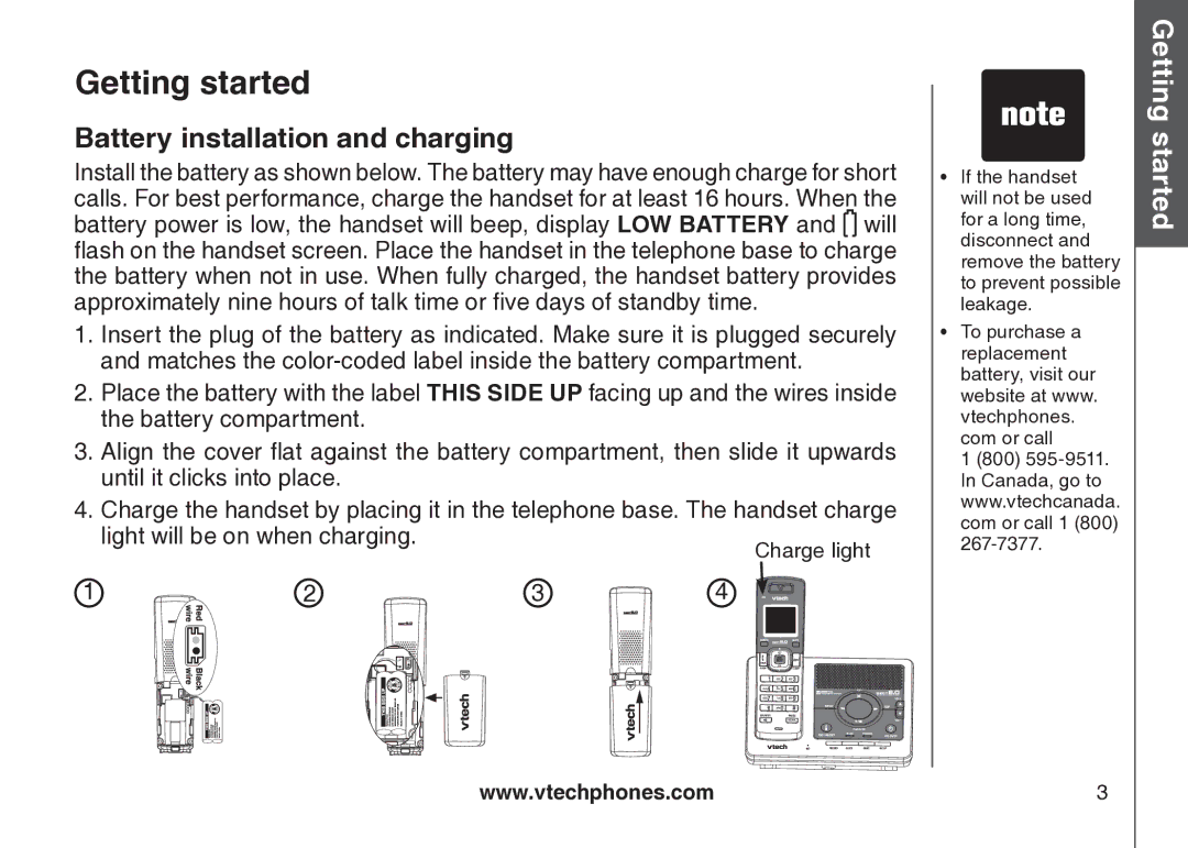 VTech VT-DS6121 user manual Battery installation and charging 