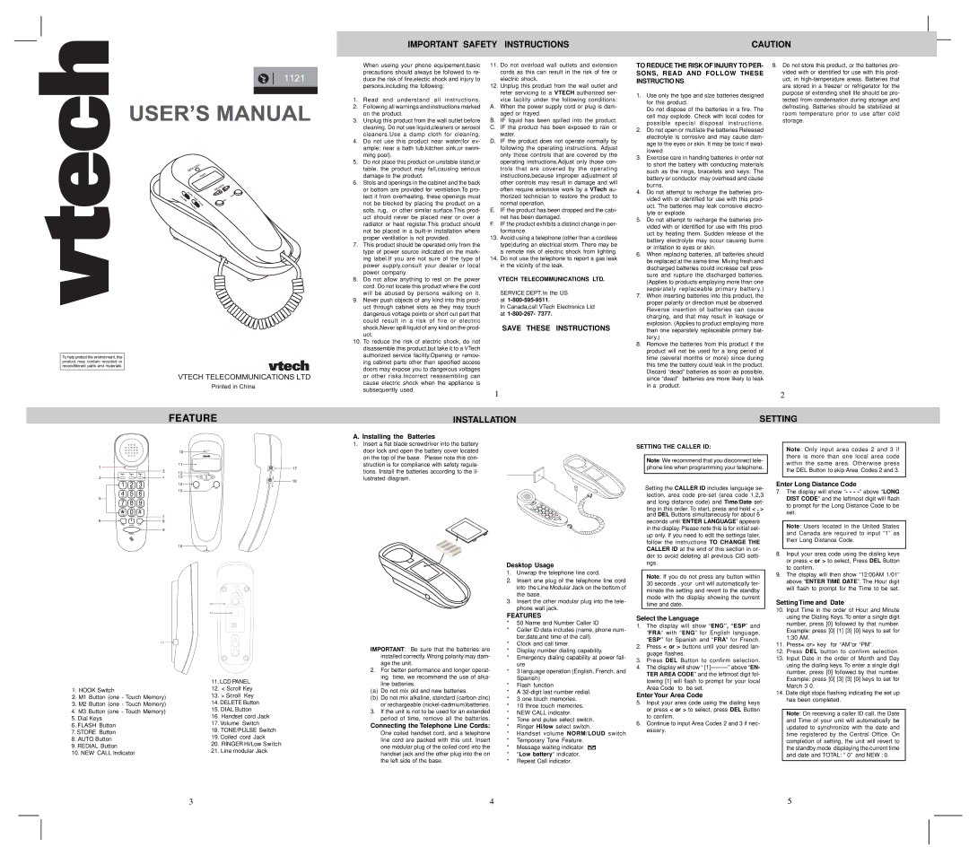 VTech VT1121 important safety instructions Installing the Batteries, Connecting the Telephone Line Cords, Desktop Usage 