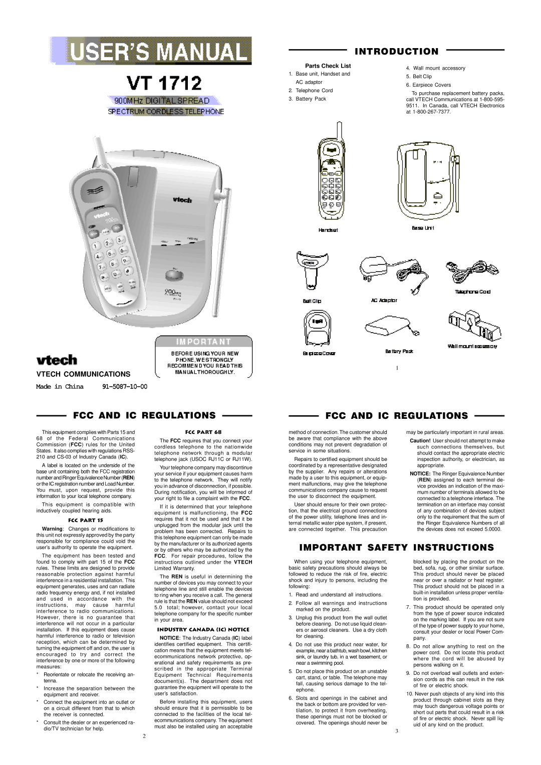 VTech VT1712 important safety instructions Introduction, FCC and IC Regulations, Important Safety Instructions 