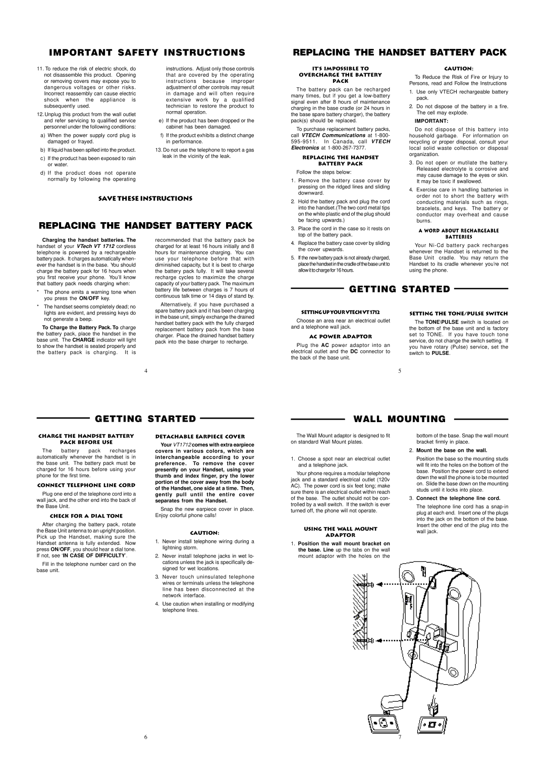 VTech VT1712 important safety instructions Getting Started Wall Mounting 