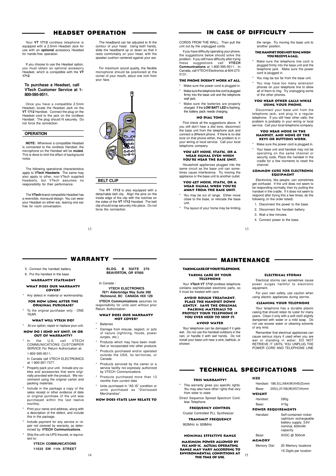 VTech VT1712 Headset Operation Case of Difficulty, Warranty Maintenance, Technical Specifications 