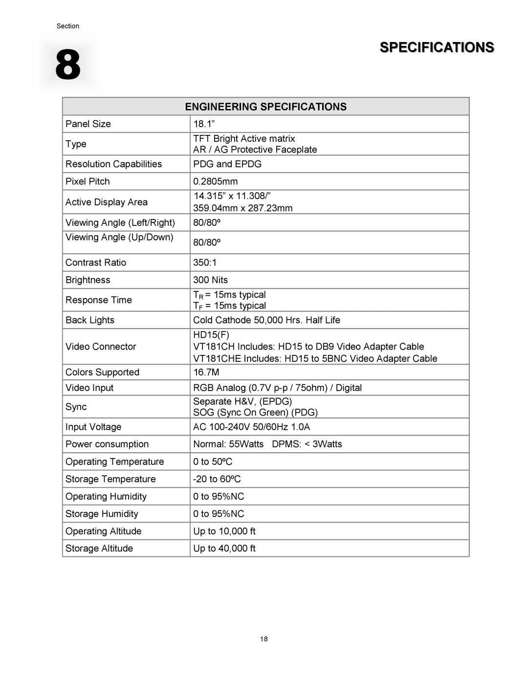 VTech VT181CHE-IR, VT181CH-IR manual Engineering Specifications 