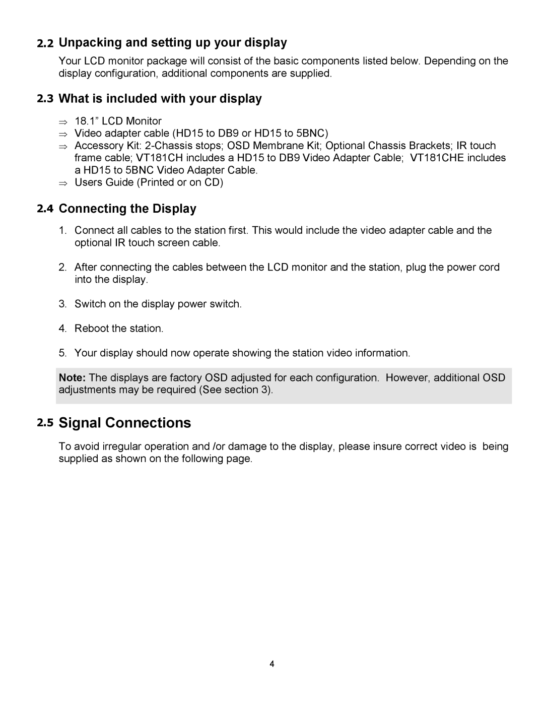 VTech VT181CHE-IR, VT181CH-IR manual Signal Connections, Unpacking and setting up your display 