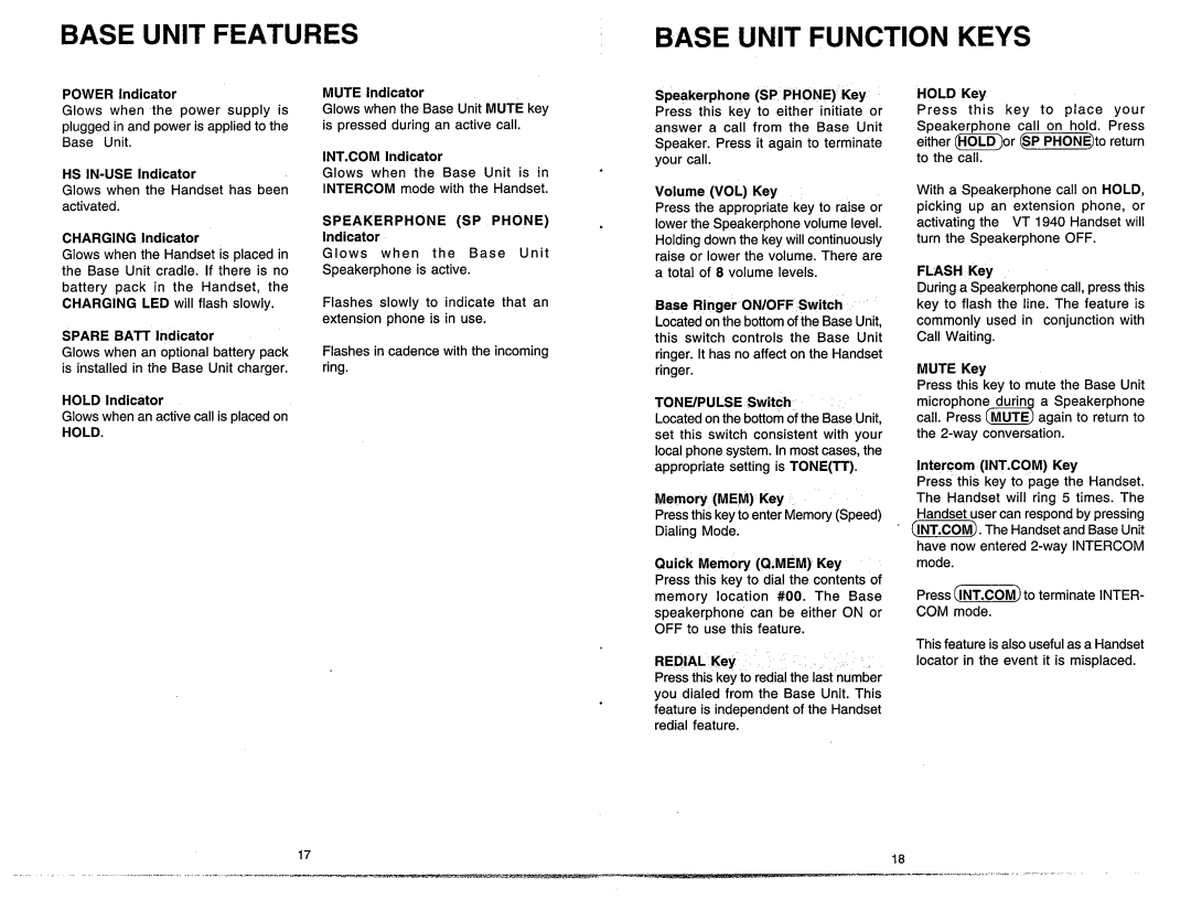 VTech VT1940 manual Base Unit Features Base Unit Function Keys, Hold 