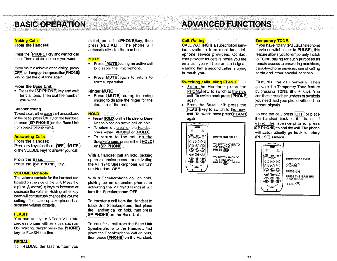 VTech VT1940 manual Basic Operation, Advanced Functions 