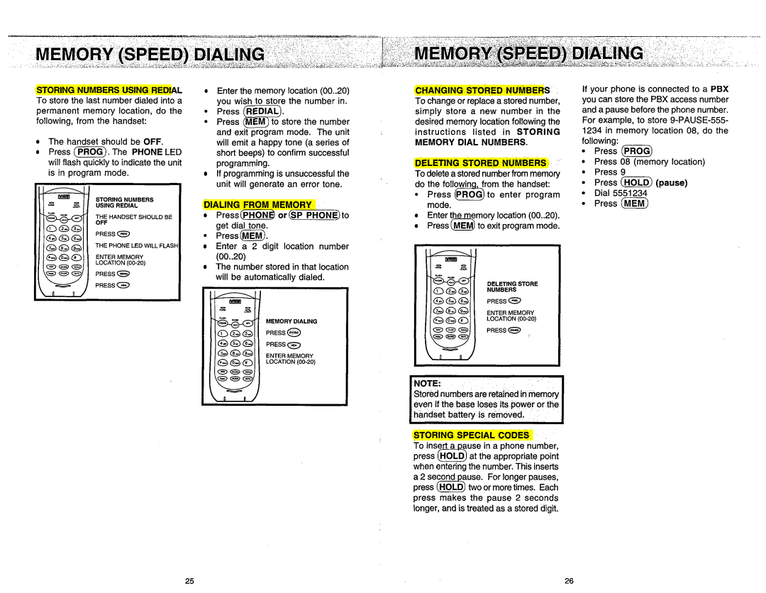 VTech VT1940 manual Storing Numbers Using Redial, Changing Stored Numbers, Memory Dial Numbers Deleting Stored Numbers 