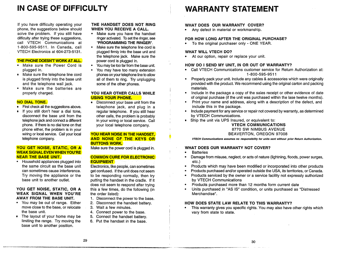 VTech VT1940 manual Case of Difficulty Warranty Statement 