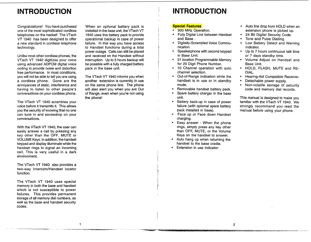 VTech VT1940 manual Introduction, New standard in cordless telephone technology, Special Features 900 MHz Operation 