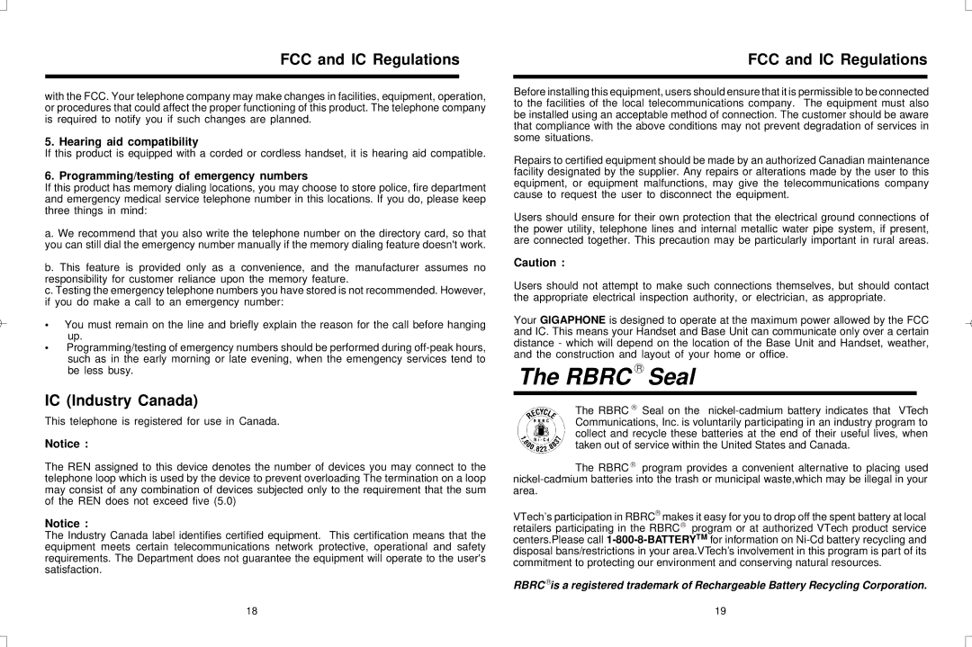 VTech VT20-2420 user manual IC Industry Canada, Hearing aid compatibility 