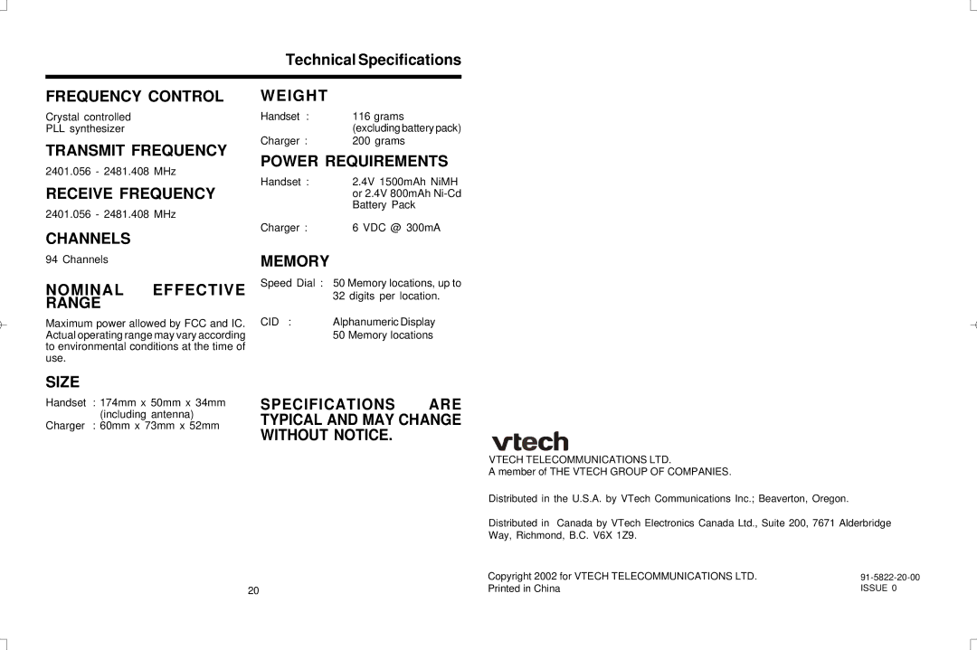 VTech VT20-2420 user manual Technical Specifications, Nominal Effective Range 