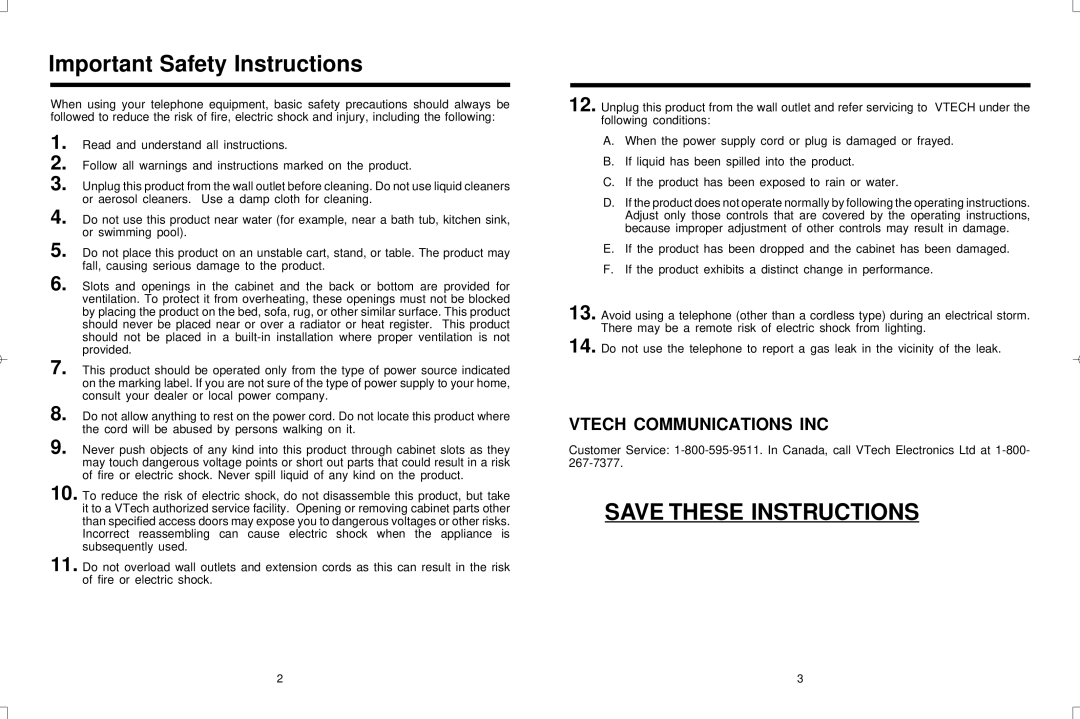 VTech VT20-2420 user manual Important Safety Instructions 