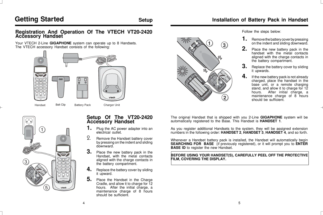 VTech user manual Getting Started, Installation of Battery Pack in Handset, Setup Of The VT20-2420 Accessory Handset 