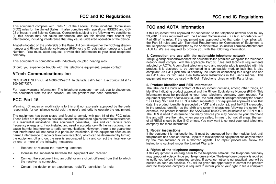 VTech VT20-2420 user manual FCC and IC Regulations, VTech Communications Inc, FCC Part 