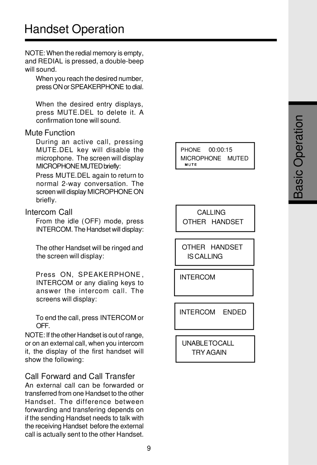 VTech VT2625 user manual Handset Operation, Mute Function, Intercom Call, Call Forward and Call Transfer 