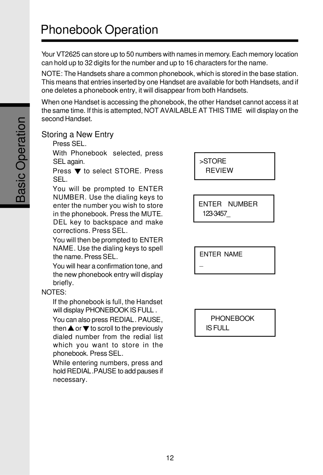 VTech VT2625 user manual Phonebook Operation, Storing a New Entry 