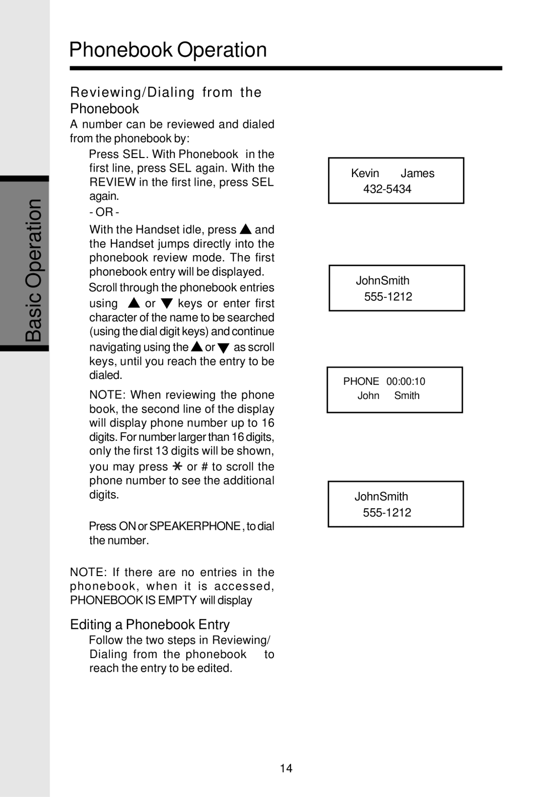 VTech VT2625 Phonebook Operation Basic Operation, Reviewing/Dialing from the Phonebook, Editing a Phonebook Entry 