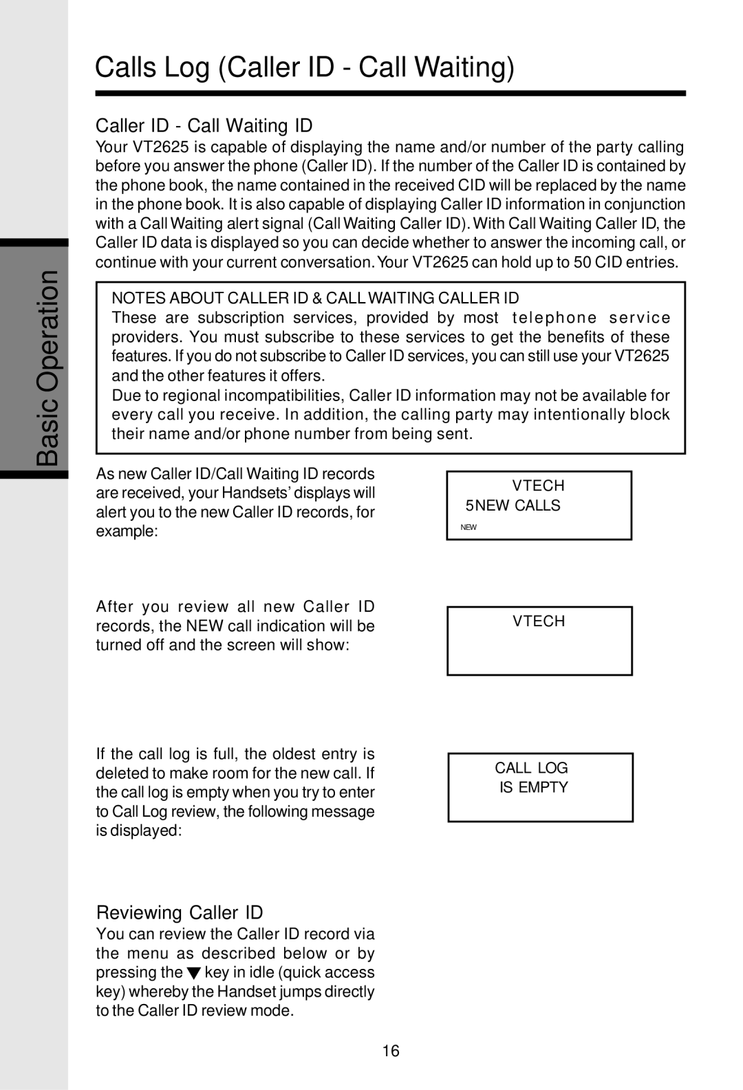 VTech VT2625 user manual Calls Log Caller ID Call Waiting Basic Operation, Caller ID Call Waiting ID, Reviewing Caller ID 