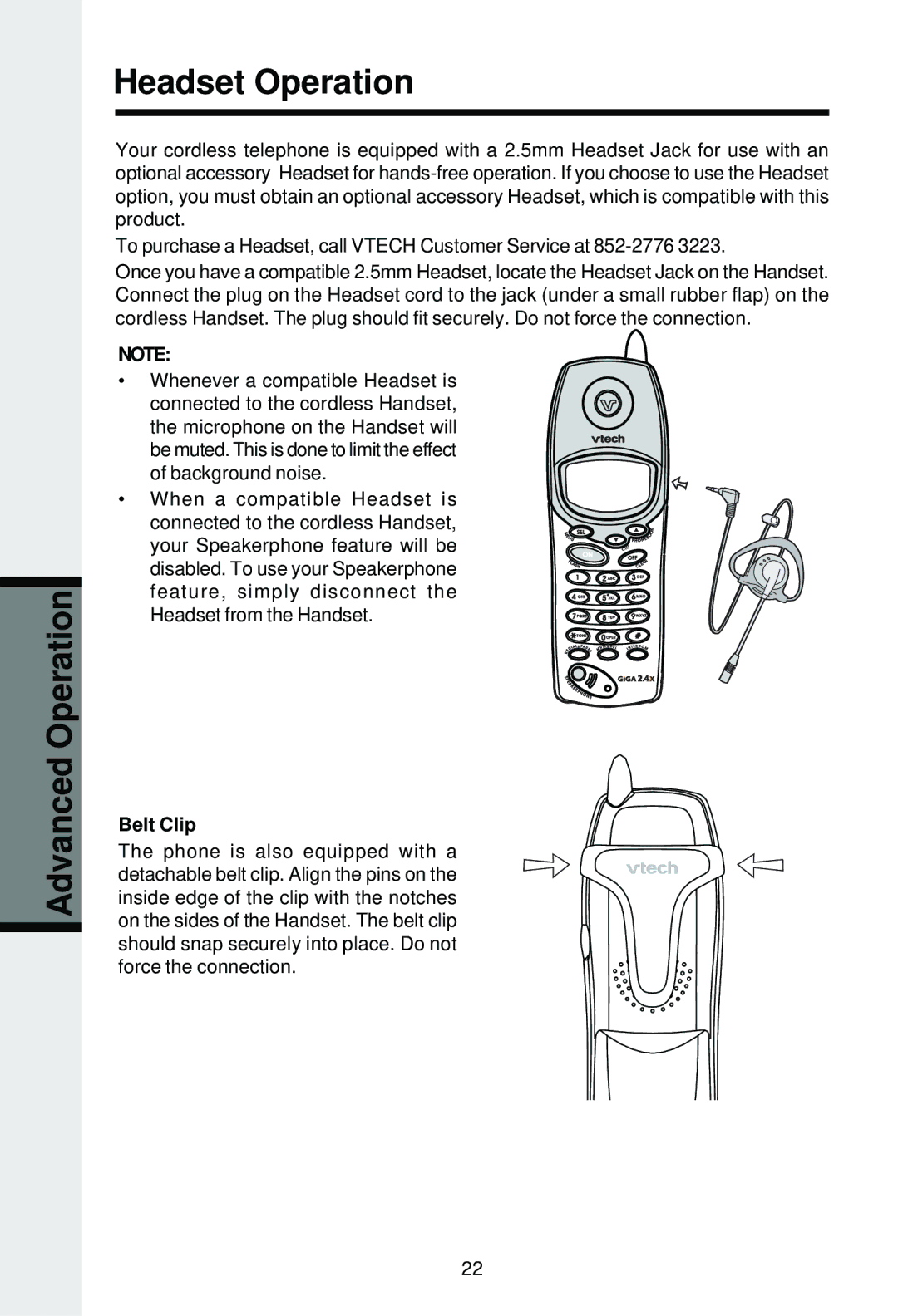 VTech VT2625 user manual Advanced Operation Headset Operation, Belt Clip 