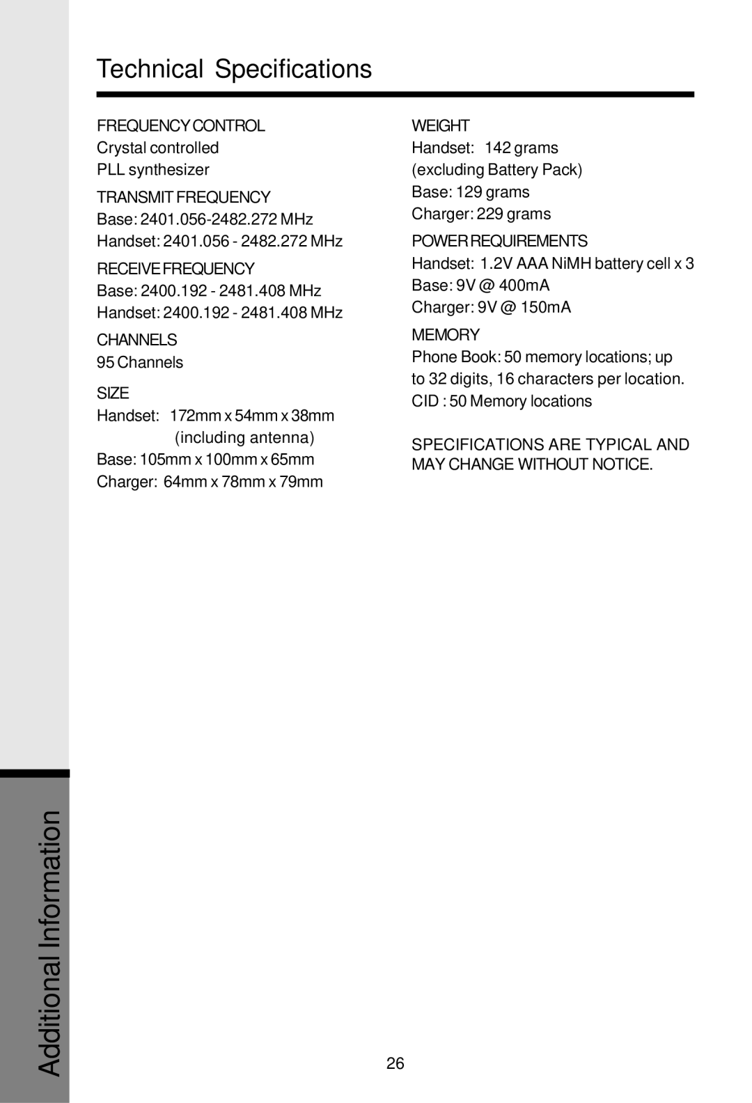 VTech VT2625 user manual Technical Specifications 