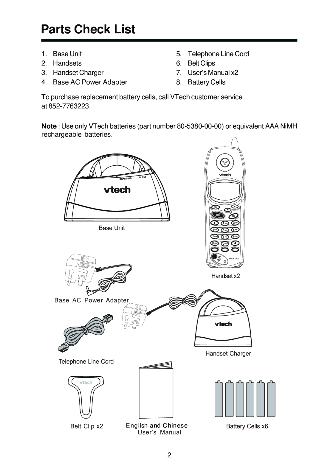 VTech VT2625 user manual Parts Check List, Base Unit 