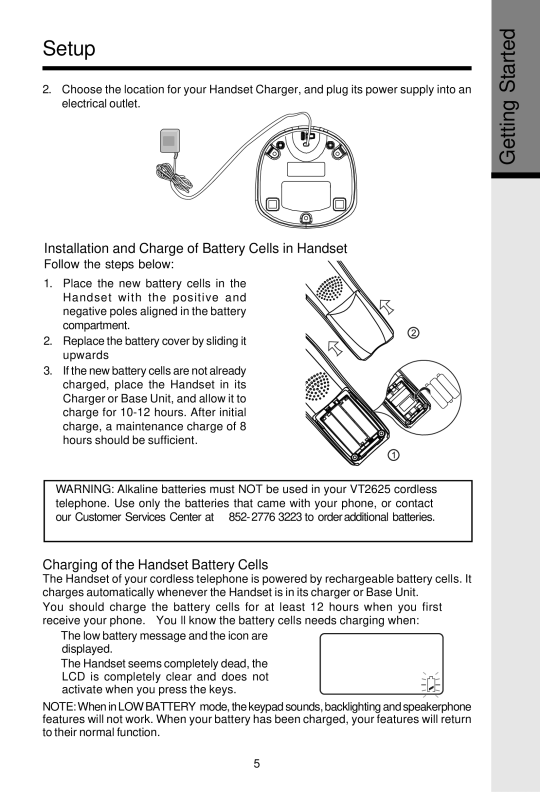 VTech VT2625 Getting Started, Installation and Charge of Battery Cells in Handset, Charging of the Handset Battery Cells 