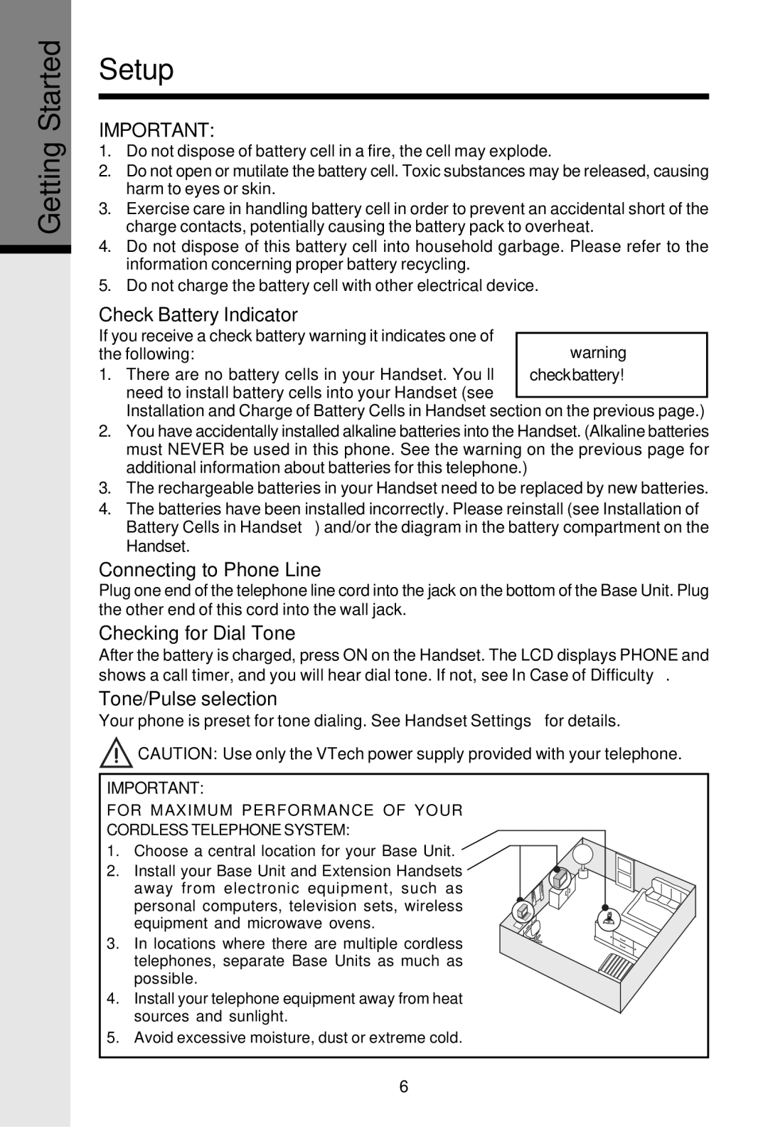 VTech VT2625 user manual Getting Started Setup, Check Battery Indicator, Connecting to Phone Line, Checking for Dial Tone 