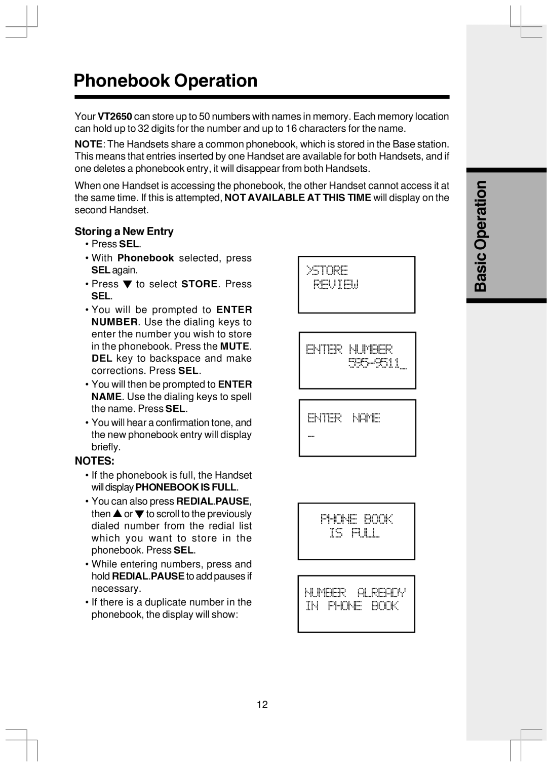 VTech VT2650 user manual Phonebook Operation 