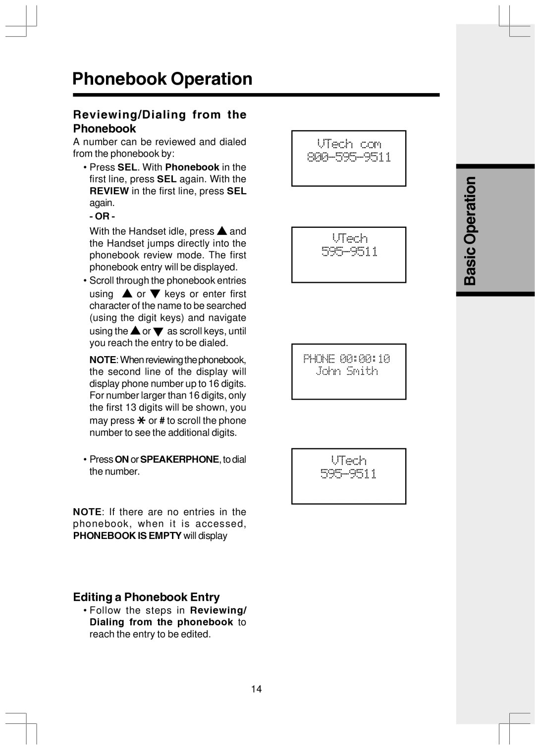 VTech VT2650 user manual Reviewing/Dialing from the Phonebook, Editing a Phonebook Entry 