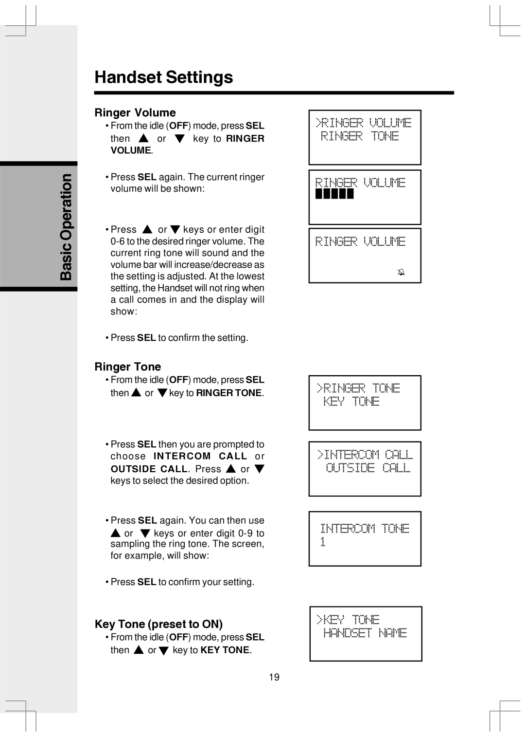 VTech VT2650 user manual Handset Settings, Ringer Volume, Ringer Tone, Key Tone preset to on 