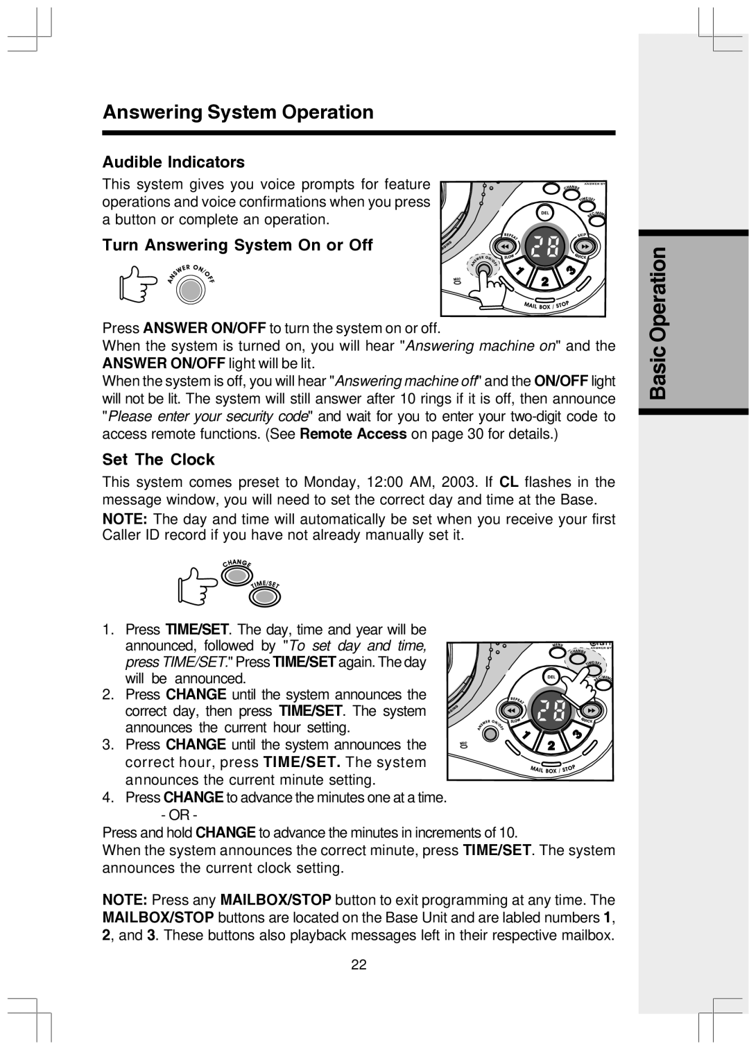 VTech VT2650 user manual Audible Indicators, Turn Answering System On or Off, Set The Clock 